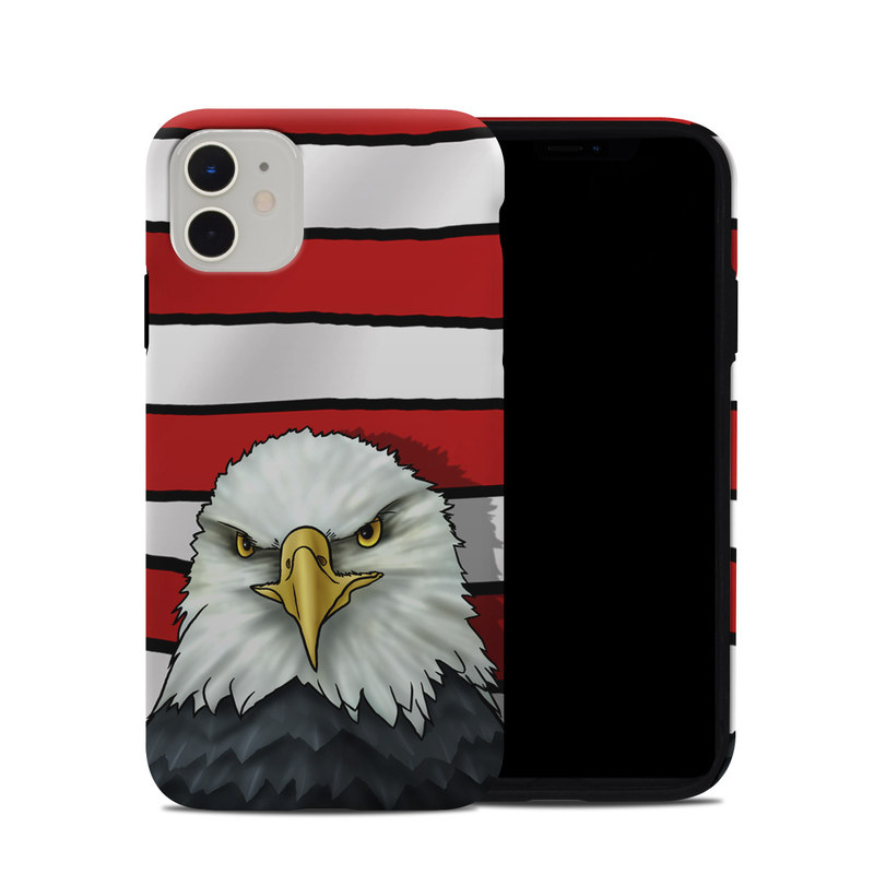 iPhone 11 Hybrid Case design of Bald eagle, Eagle, Bird, Bird of prey, Accipitridae, Beak, Accipitriformes, Sea eagle, Flag with white, gray, blue, yellow, red colors
