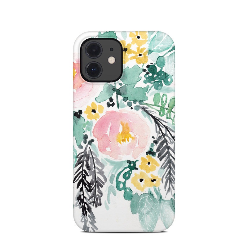 iPhone 12 Clip Case design of Branch, Clip art, Watercolor paint, Flower, Leaf, Botany, Plant, Illustration, Design, Graphics with green, pink, red, orange, yellow colors