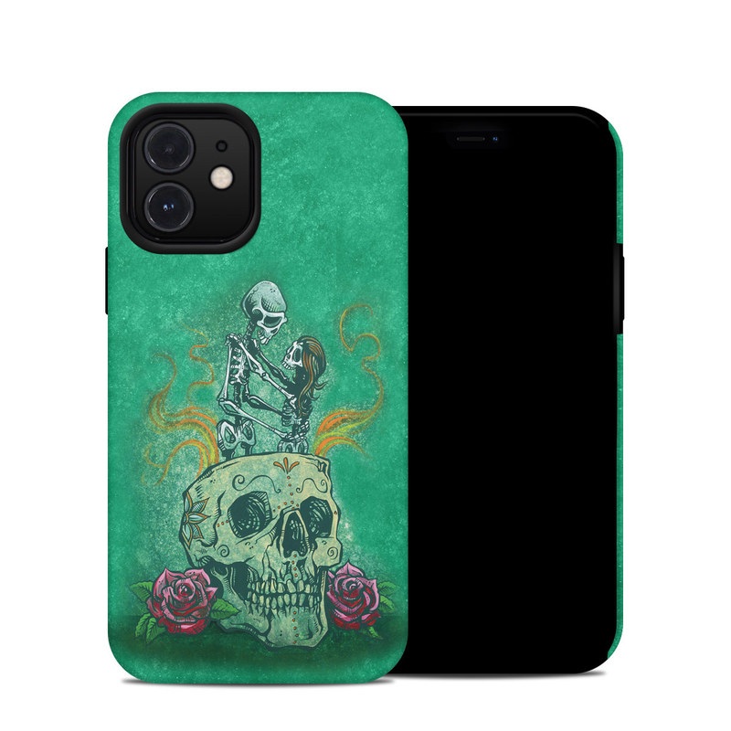 iPhone 12 Hybrid Case design of Bone, Skull, Aqua, Pattern, Electric blue, Fashion accessory, Font, Fictional character, Art, Grass, with green, pink, red, yellow, orange, white, gray colors