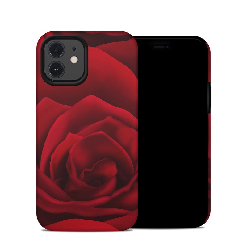 iPhone 12 Hybrid Case design of Red, Garden roses, Rose, Petal, Flower, Nature, Floribunda, Rose family, Close-up, Plant, with black, red colors