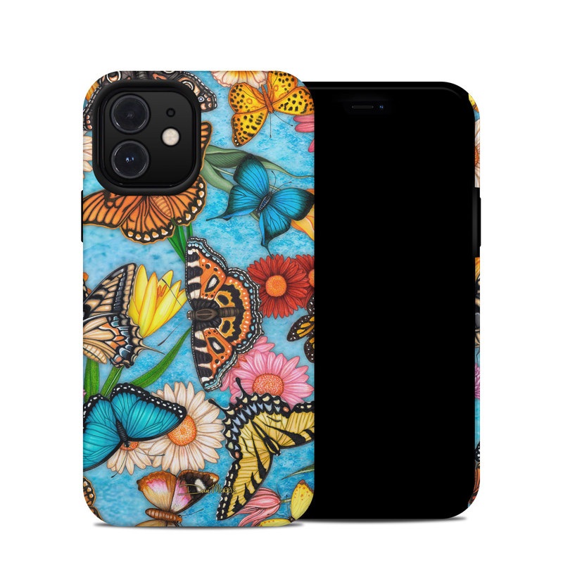 iPhone 12 Hybrid Case design of Cynthia (subgenus), Butterfly, Monarch butterfly, Moths and butterflies, Brush-footed butterfly, Pollinator, Insect, Pattern, Design, Organism, with blue, pink, orange, yellow, red colors