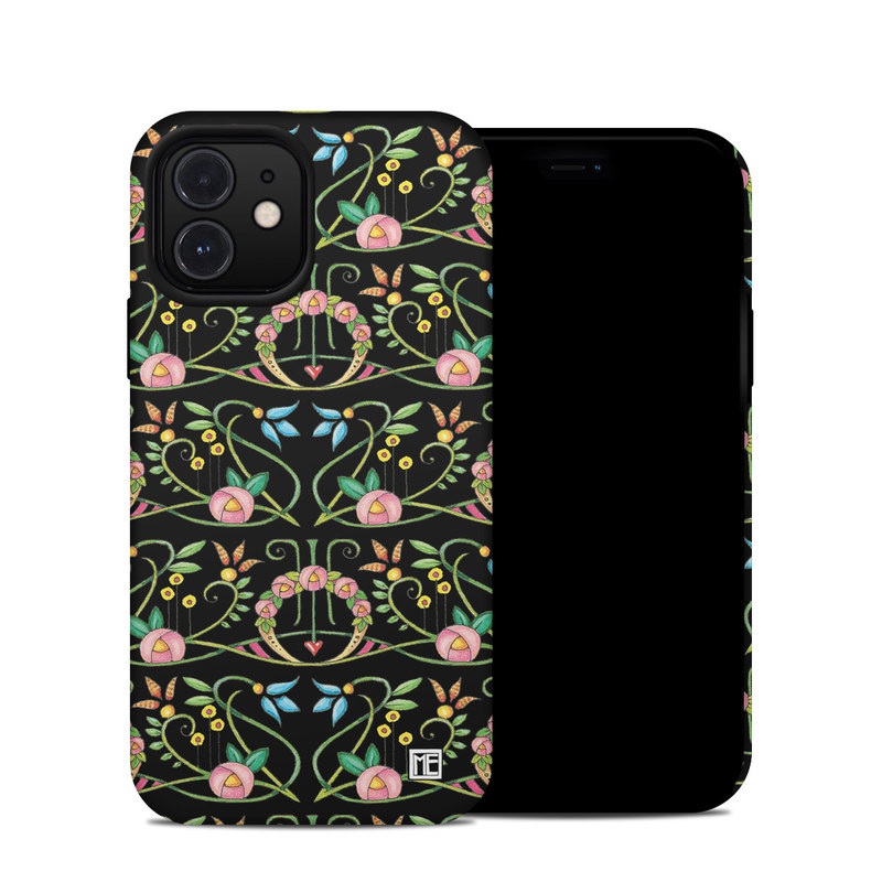 iPhone 12 Hybrid Case design of Flower, Rectangle, Textile, Ornament, Plant, Line, Motif, Creative arts, Art, Pattern, with black, pink, blue, green, yellow colors