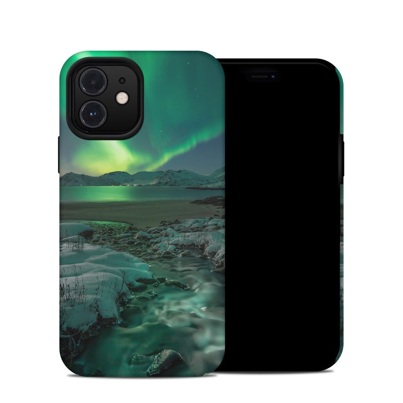 iPhone 12 Hybrid Case design of Nature, Aurora, Sky, Geological phenomenon, Water, Atmosphere, Space, Landscape, World, Glacier with white, green, blue, black, gray colors