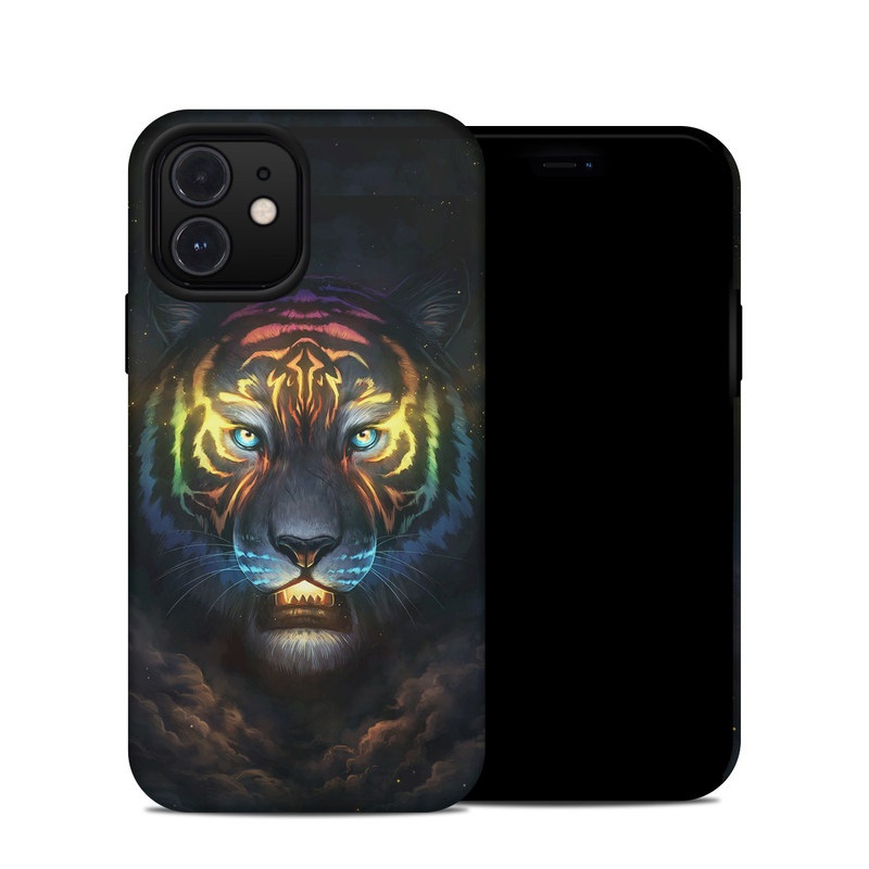 iPhone 12 Hybrid Case design of Felidae, Vertebrate, Carnivore, Organism, Painting, Roar, Bengal tiger, Big cats, Art, Whiskers, with black, yellow, orange, red, green, purple, blue colors