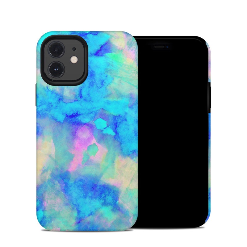 iPhone 12 Hybrid Case design of Blue, Turquoise, Aqua, Pattern, Dye, Design, Sky, Electric blue, Art, Watercolor paint, with blue, purple colors