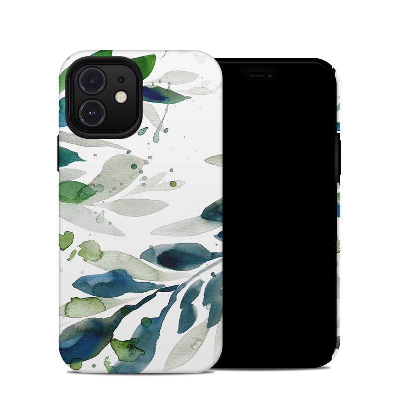 iPhone 12 Hybrid Case design of Leaf, Branch, Plant, Tree, Botany, Flower, Design, Eucalyptus, Pattern, Watercolor paint, with white, blue, green, gray colors