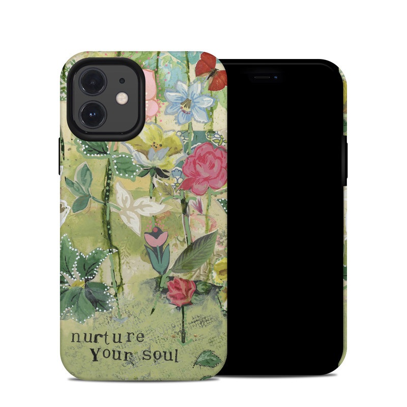 iPhone 12 Hybrid Case design of Flower, Plant, Botany, Pink, Wildflower, Flowering plant, Watercolor paint, Petal, Floral design, Pattern with green, pink, red, blue, white, black colors