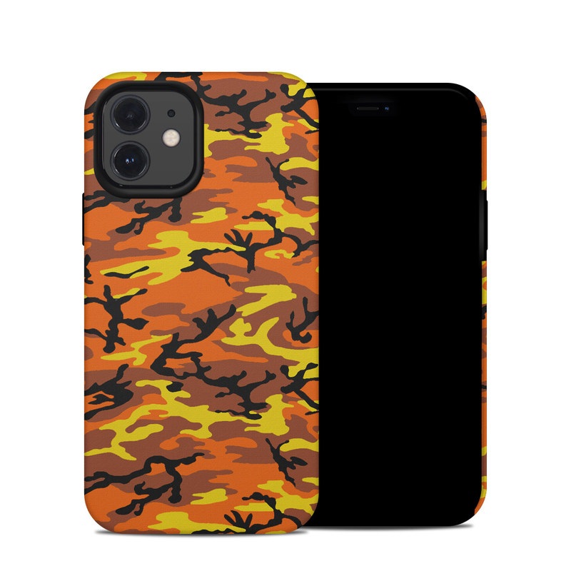 iPhone 12 Hybrid Case design of Military camouflage, Orange, Pattern, Camouflage, Yellow, Brown, Uniform, Design, Tree, Wildlife with red, green, black colors