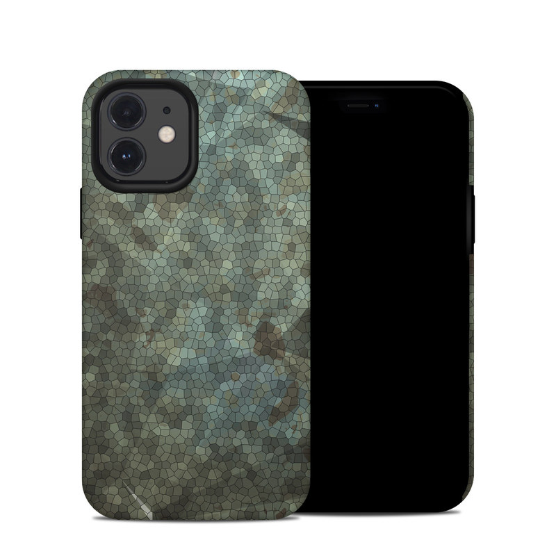 iPhone 12 Hybrid Case design of Green, Pattern, Brown, Wall, Design, Rock, Geology, Camouflage, Granite, Metal with black, brown, blue, gray, white colors