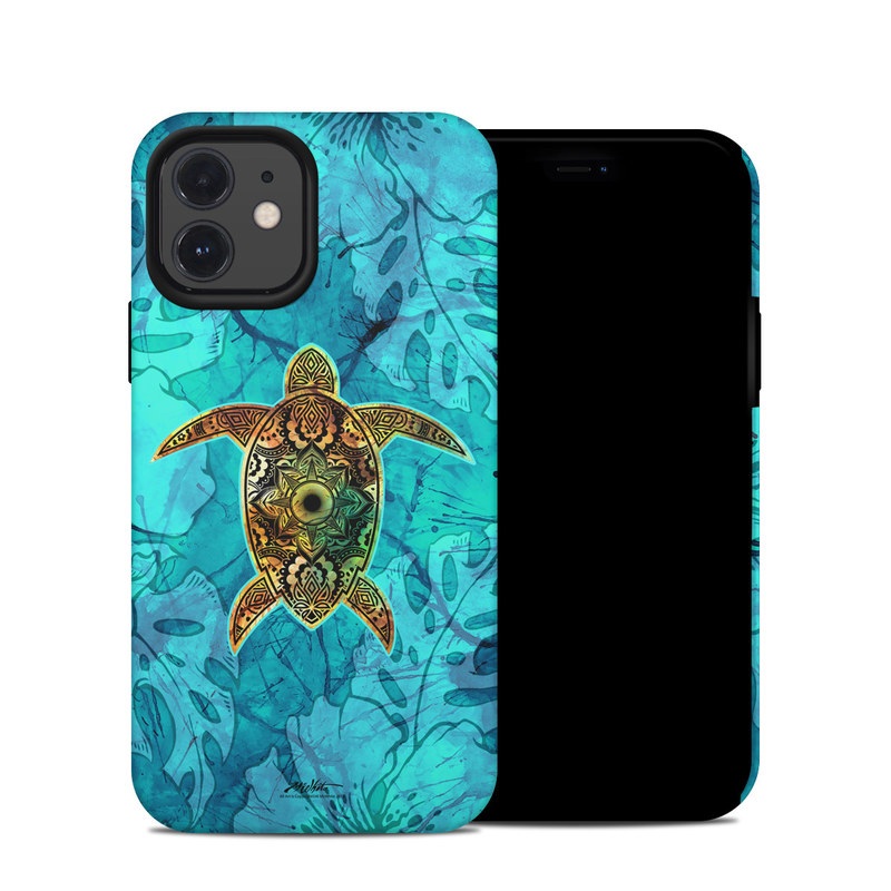 iPhone 12 Hybrid Case design of Sea turtle, Green sea turtle, Turtle, Hawksbill sea turtle, Tortoise, Reptile, Loggerhead sea turtle, Illustration, Art, Pattern with blue, black, green, gray, red colors