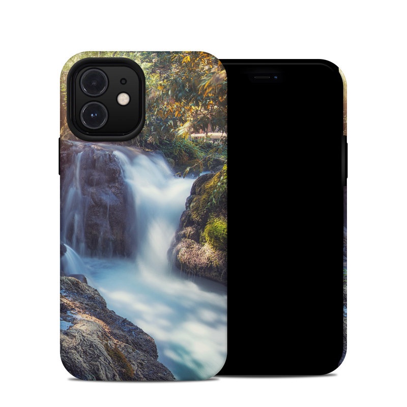 iPhone 12 Hybrid Case design of Waterfall, Natural landscape, Body of water, Nature, Water resources, Water, Watercourse, Stream, Nature reserve, Rock, with gray, yellow, orange, green, white, blue colors