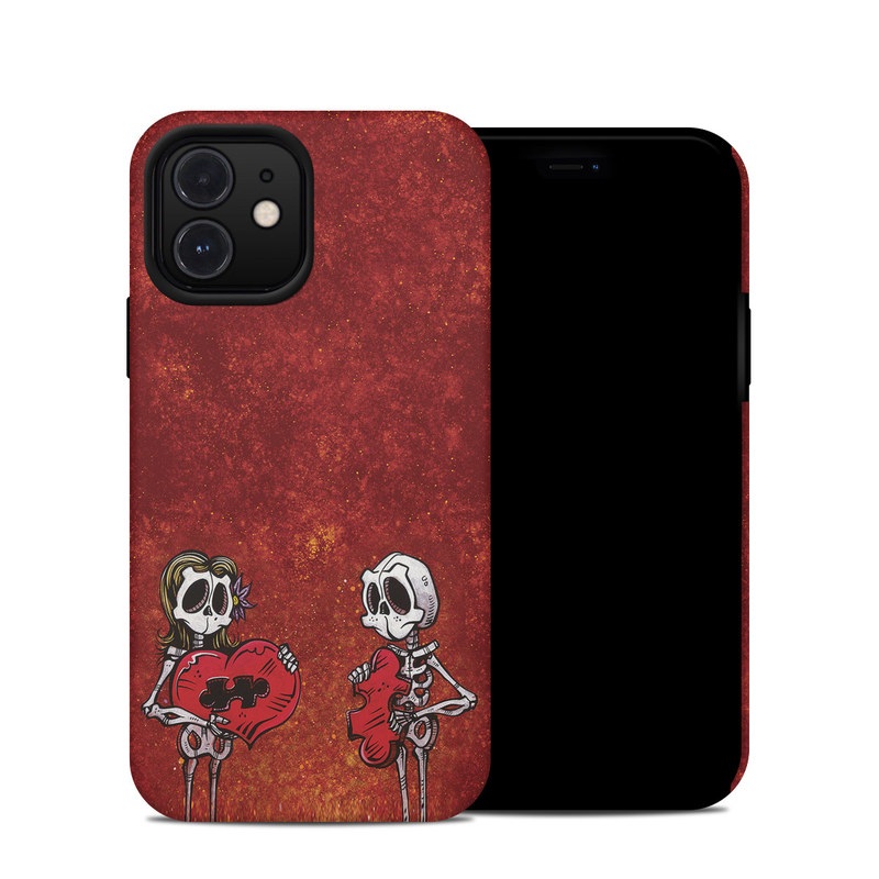 iPhone 12 Hybrid Case design of Font, Tints and shades, Bone, Art, Skull, Pattern, Creative arts, Carmine, Visual arts, Rectangle, with white, black, gray, brown, red, yellow, orange colors
