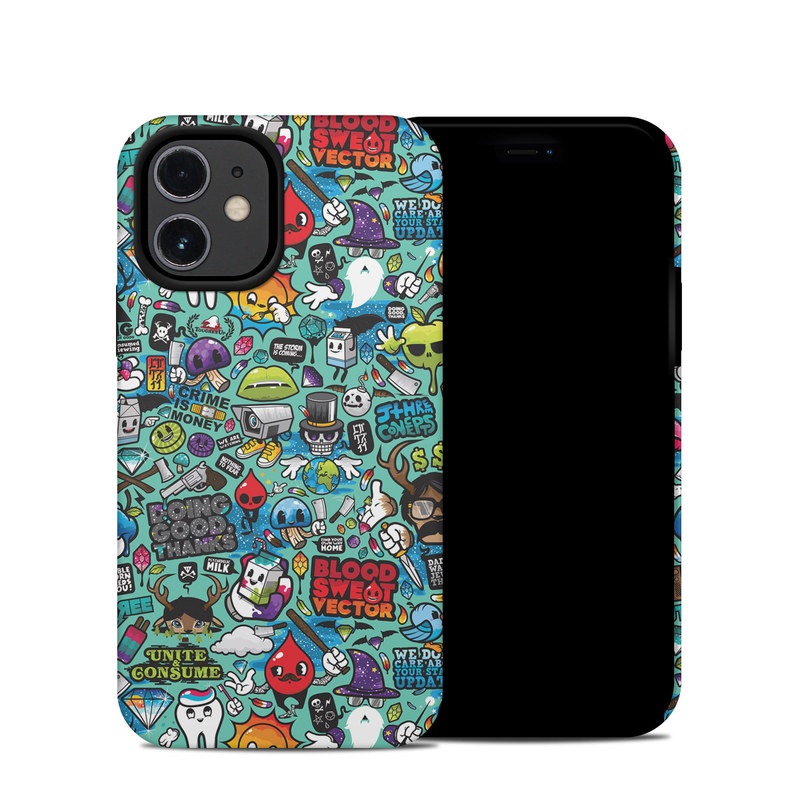 iPhone 12 mini Hybrid Case design of Cartoon, Art, Pattern, Design, Illustration, Visual arts, Doodle, Psychedelic art with black, blue, gray, red, green colors