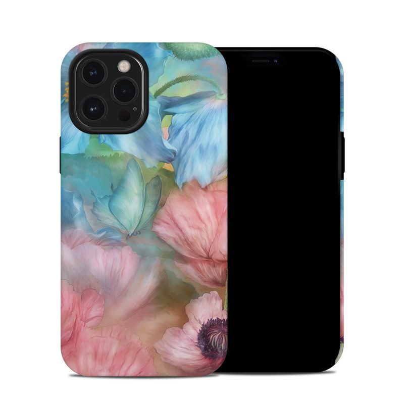 iPhone 12 Pro Max Hybrid Case design of Flower, Petal, Watercolor paint, Painting, Plant, Flowering plant, Pink, Botany, Wildflower, Still life, with gray, blue, black, red, green colors