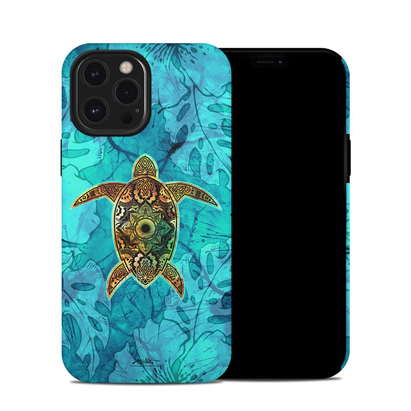 iPhone 12 Pro Max Hybrid Case design of Sea turtle, Green sea turtle, Turtle, Hawksbill sea turtle, Tortoise, Reptile, Loggerhead sea turtle, Illustration, Art, Pattern with blue, black, green, gray, red colors