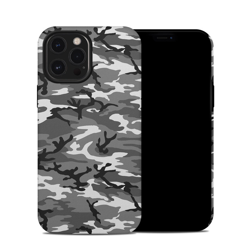 iPhone 12 Pro Max Hybrid Case design of Military camouflage, Pattern, Clothing, Camouflage, Uniform, Design, Textile with black, gray colors