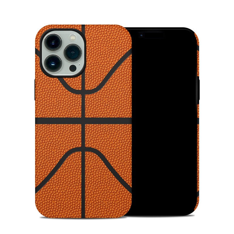 iPhone 13 Pro Max Hybrid Case design of Orange, Basketball, Line, Pattern, Sport venue, Brown, Yellow, Design, Net, Team sport with orange, black colors