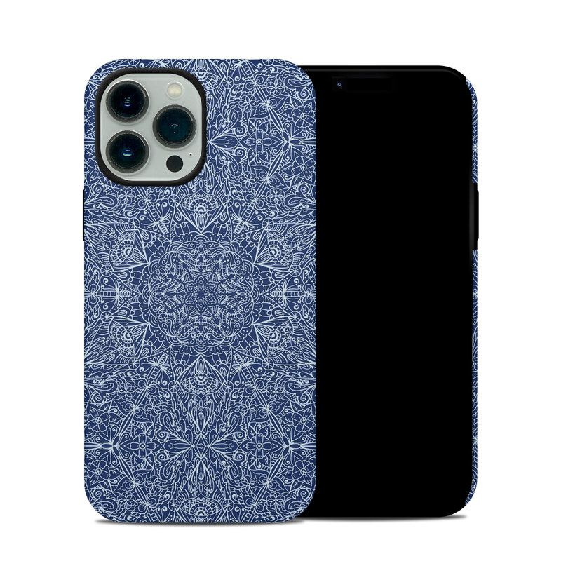 iPhone 13 Pro Max Hybrid Case design of Blue, Pattern, Azure, Cobalt blue, Design, Textile, Electric blue, Wallpaper, Symmetry with blue, white colors