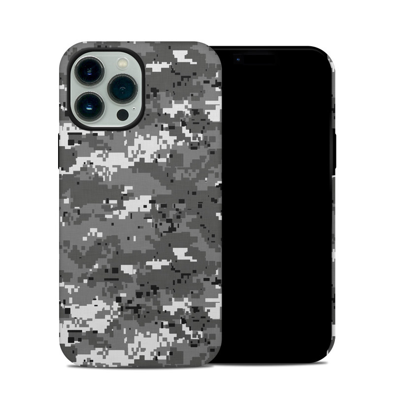 iPhone 13 Pro Max Hybrid Case design of Military camouflage, Pattern, Camouflage, Design, Uniform, Metal, Black-and-white with black, gray colors