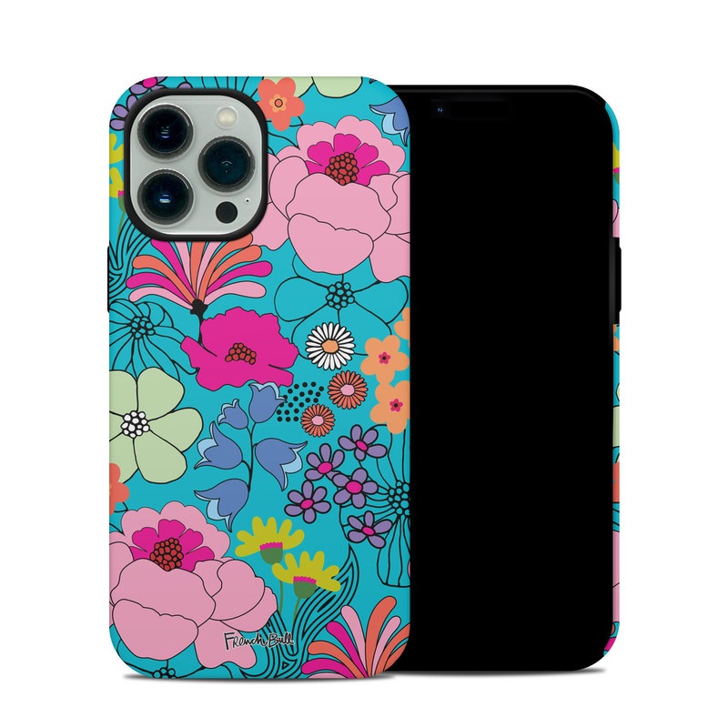 iPhone 13 Pro Max Hybrid Case design of Flower, Green, Azure, Nature, Botany, Petal, Blue, Textile, Pink, Art with blue, pink, yellow, orange, red, purple, green colors