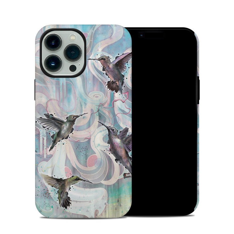 iPhone 13 Pro Max Hybrid Case design of Bird, Watercolor paint, Illustration, Hummingbird, Painting, Art, Wing, Fictional character, Acrylic paint, Perching bird with gray, blue, black colors