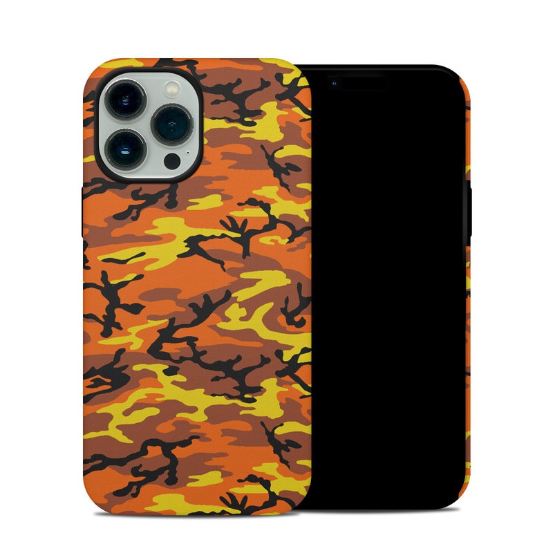 iPhone 13 Pro Max Hybrid Case design of Military camouflage, Orange, Pattern, Camouflage, Yellow, Brown, Uniform, Design, Tree, Wildlife with red, green, black colors