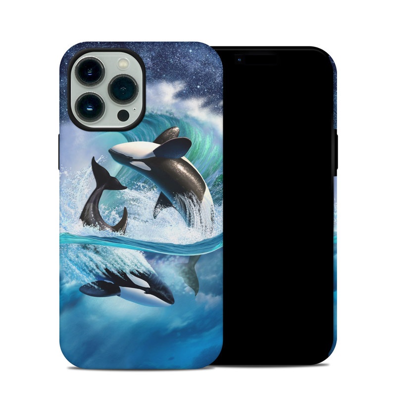 iPhone 13 Pro Max Hybrid Case design of Dolphin, Short-beaked common dolphin, Sky, Cetacea, Killer whale, Marine mammal, Water, Illustration, Bottlenose dolphin, Common bottlenose dolphin with black, blue, white, green colors