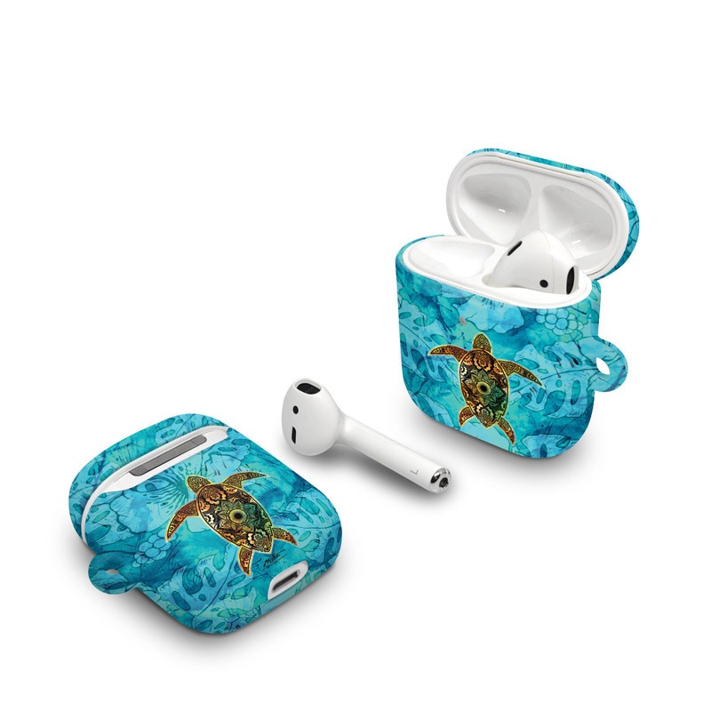 Apple AirPods Case design of Sea turtle, Green sea turtle, Turtle, Hawksbill sea turtle, Tortoise, Reptile, Loggerhead sea turtle, Illustration, Art, Pattern, with blue, black, green, gray, red colors