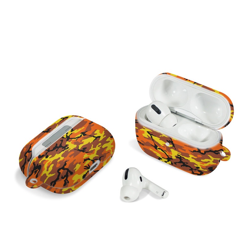 Apple AirPods Pro Case design of Military camouflage, Orange, Pattern, Camouflage, Yellow, Brown, Uniform, Design, Tree, Wildlife, with red, green, black colors