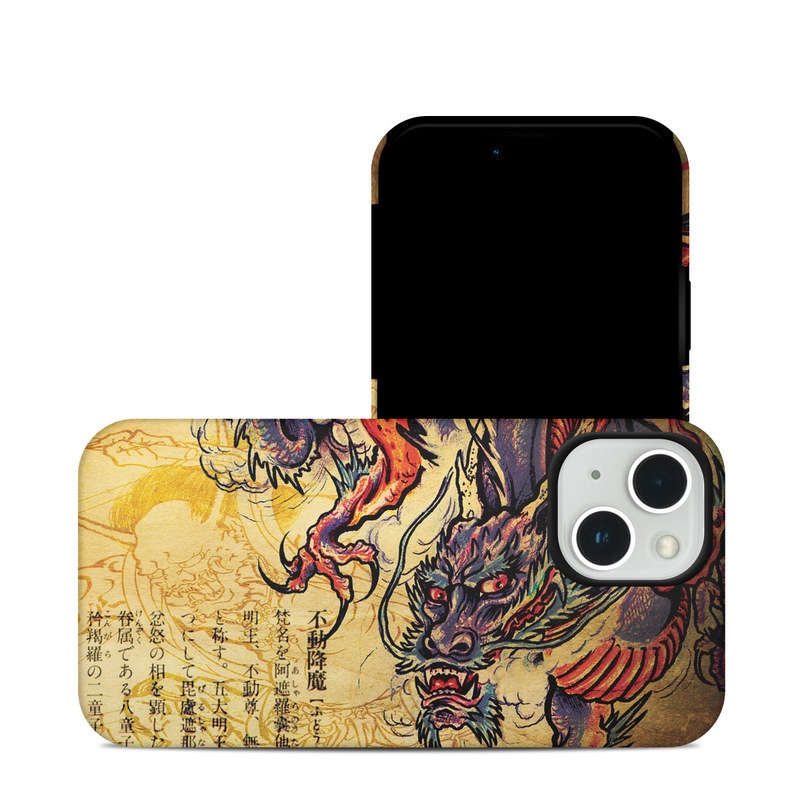 iPhone 13 Hybrid Case design of Illustration, Fictional character, Art, Demon, Drawing, Visual arts, Dragon, Supernatural creature, Mythical creature, Mythology with black, green, red, gray, pink, orange colors