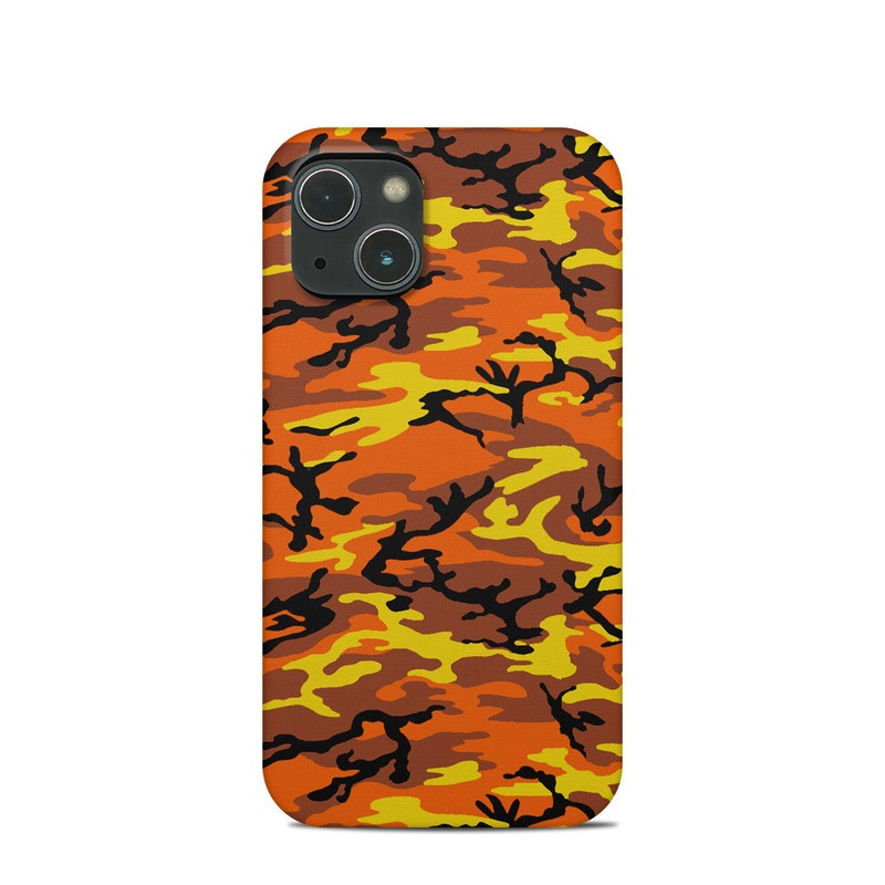 iPhone 13 mini Clip Case design of Military camouflage, Orange, Pattern, Camouflage, Yellow, Brown, Uniform, Design, Tree, Wildlife with red, green, black colors