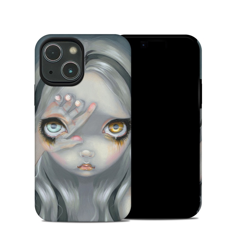 iPhone 13 mini Hybrid Case design of Face, Head, Cg artwork, Eye, Illustration, Organ, Fictional character, Art, Iris, Darkness with black, gray, blue, green colors