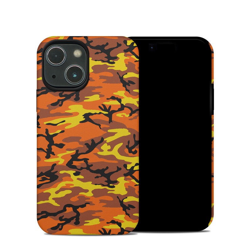 iPhone 13 mini Hybrid Case design of Military camouflage, Orange, Pattern, Camouflage, Yellow, Brown, Uniform, Design, Tree, Wildlife with red, green, black colors