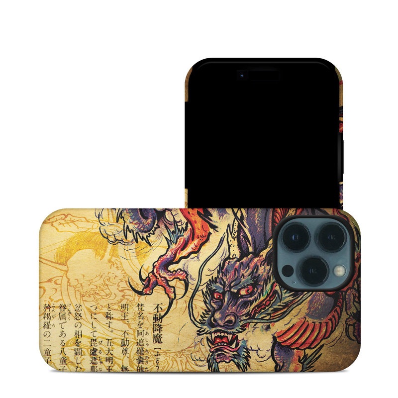 iPhone 13 Pro Hybrid Case design of Illustration, Fictional character, Art, Demon, Drawing, Visual arts, Dragon, Supernatural creature, Mythical creature, Mythology with black, green, red, gray, pink, orange colors