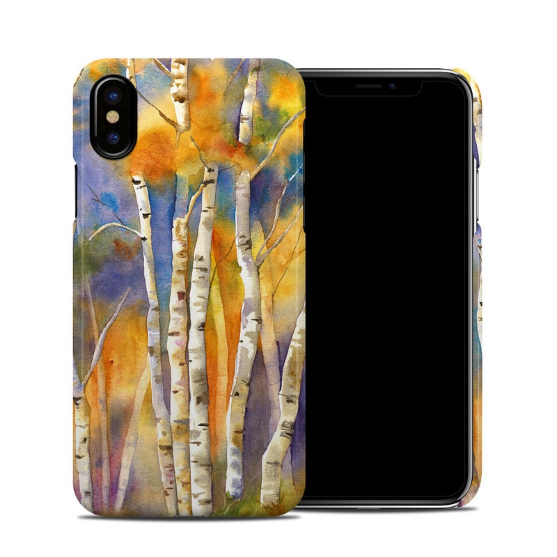 iPhone XS Clip Case design of Canoe birch, Watercolor paint, Tree, Birch, Woody plant, Painting, Plant, Birch family, Paint, Trunk, with orange, yellow, green, white, purple, blue colors