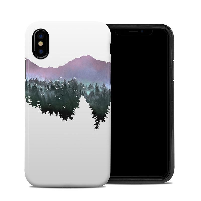 iPhone XS Hybrid Case design of Nature, Mountainous landforms, Mountain, Atmospheric phenomenon, Tree, Wilderness, Sky, Mountain range, Forest, Hill with white, black, purple, blue, green colors