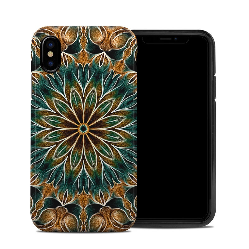 iPhone XS Hybrid Case design of Pattern, Symmetry, Textile, Art, Psychedelic art, Tapestry, Design, Visual arts, Kaleidoscope, Motif with green, orange, yellow, brown, red colors
