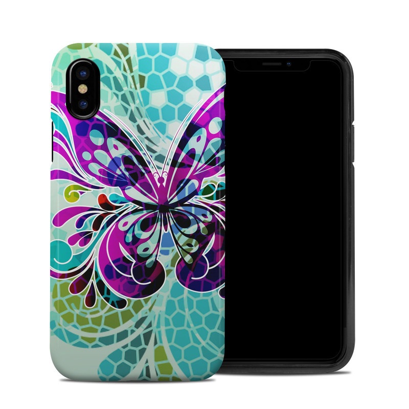 iPhone XS Hybrid Case design of Butterfly, Pattern, Insect, Moths and butterflies, Purple, Graphic design, Design, Pollinator, Visual arts, Magenta, with blue, green, purple colors