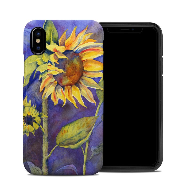 iPhone XS Hybrid Case design of Flower, Sunflower, Painting, sunflower, Watercolor paint, Plant, Flowering plant, Yellow, Acrylic paint, Still life with green, black, blue, gray, red, orange colors