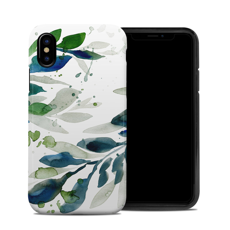 iPhone XS Hybrid Case design of Leaf, Branch, Plant, Tree, Botany, Flower, Design, Eucalyptus, Pattern, Watercolor paint with white, blue, green, gray colors