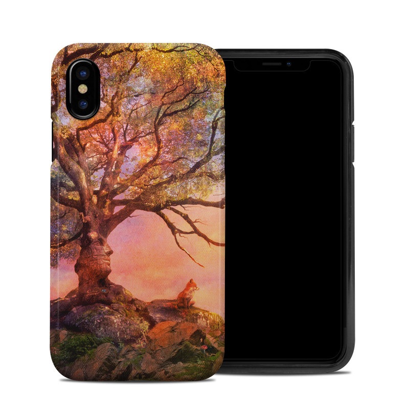 iPhone XS Hybrid Case design of Nature, Tree, Sky, Natural landscape, Branch, Leaf, Woody plant, Trunk, Landscape, Plant, with pink, red, black, green, gray, orange colors