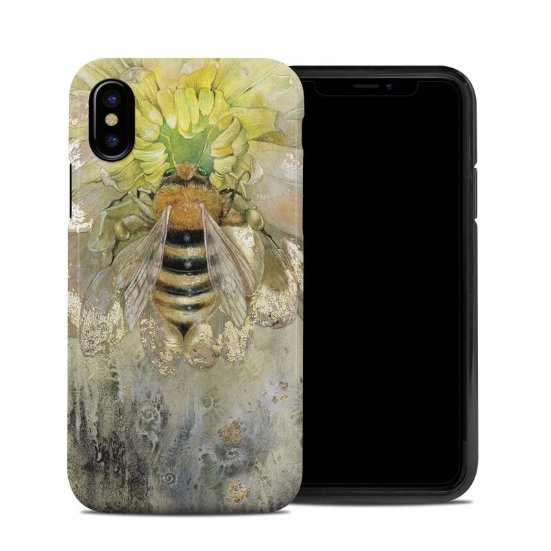 iPhone XS Hybrid Case design of Honeybee, Insect, Bee, Membrane-winged insect, Invertebrate, Pest, Watercolor paint, Pollinator, Illustration, Organism, with yellow, orange, black, green, gray, pink colors