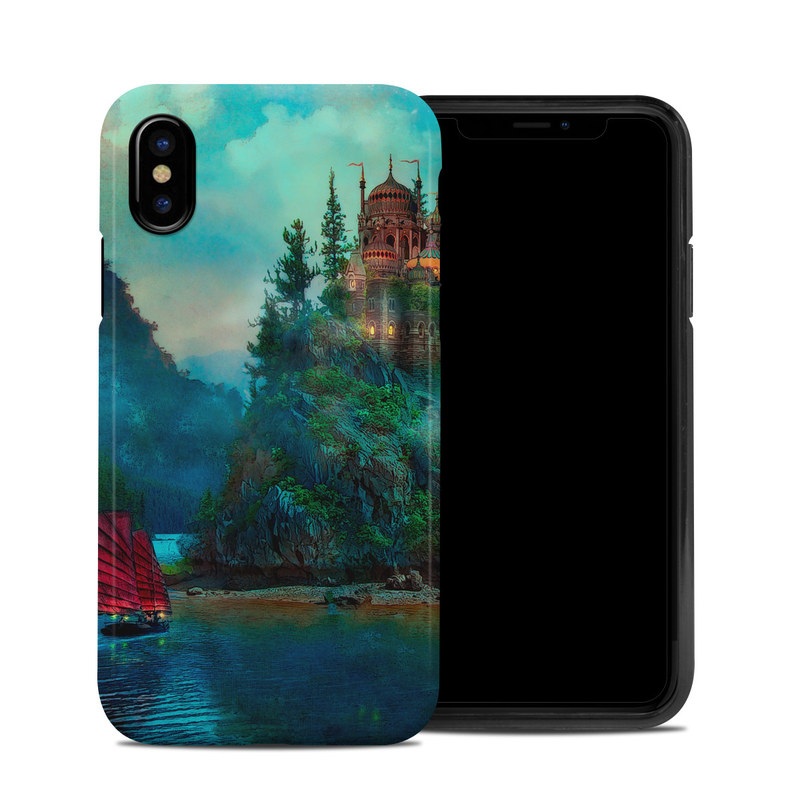 iPhone XS Hybrid Case design of Nature, Natural landscape, Sky, Painting, Landscape, Illustration, Watercolor paint, Art, Calm, Water castle with black, gray, blue, green colors