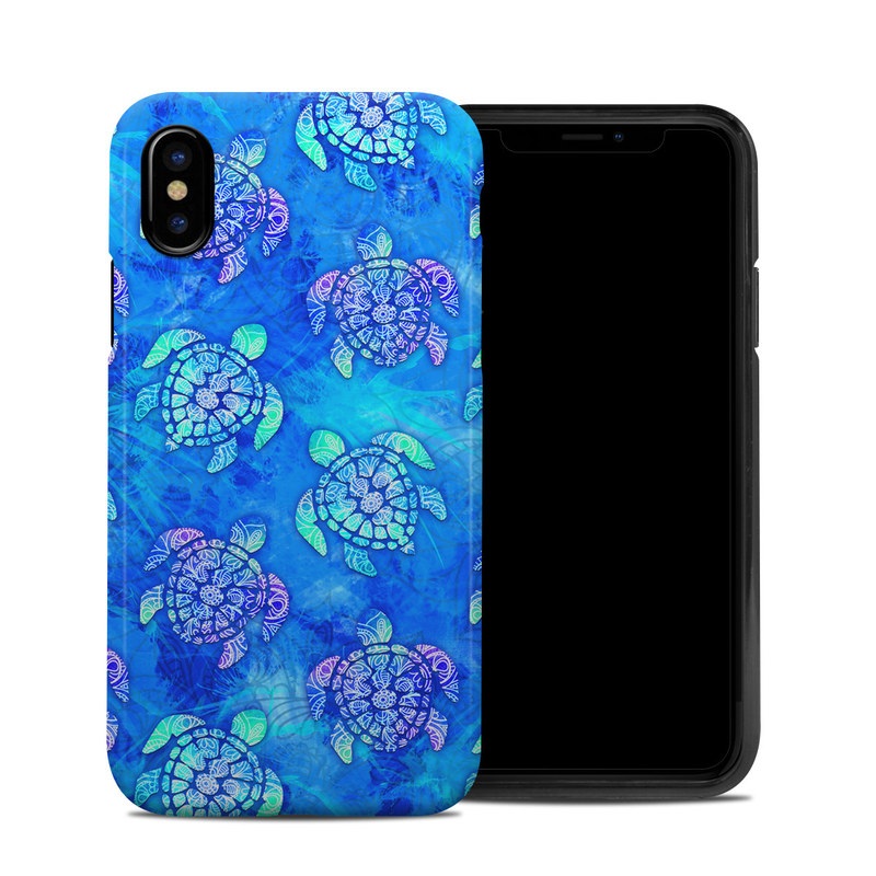 iPhone XS Hybrid Case design of Blue, Pattern, Organism, Design, Sea turtle, Plant, Electric blue, Hydrangea, Flower, Symmetry, with blue, green, purple colors