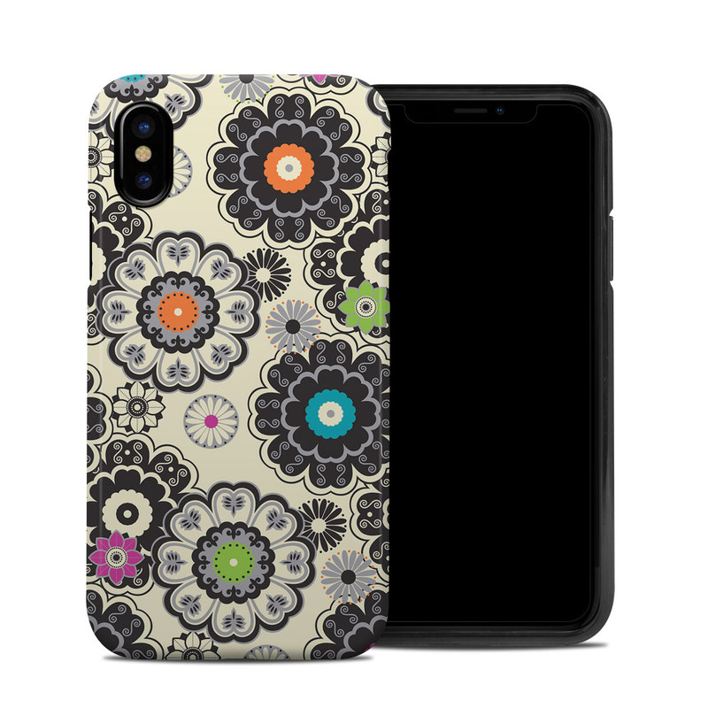 iPhone XS Hybrid Case design of Pattern, Circle, Design, Visual arts, Floral design, Textile, Psychedelic art, Art, Plant, with gray, black, pink, green, purple colors