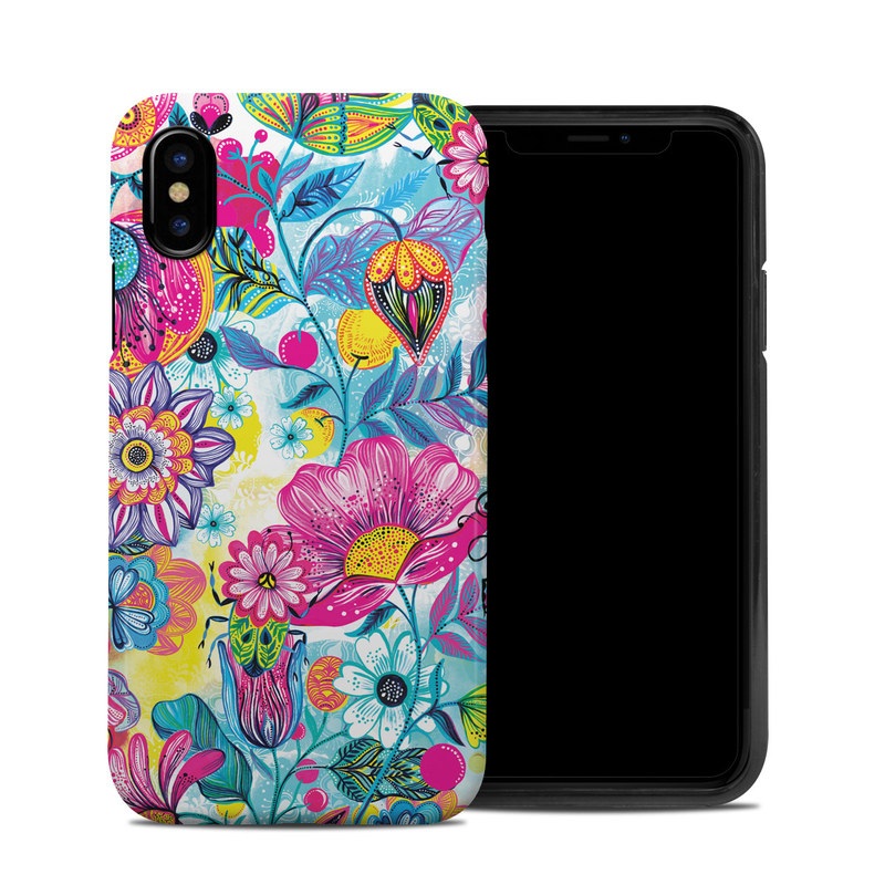 iPhone XS Hybrid Case design of Pattern, Floral design, Textile, Design, Flower, Wildflower, Visual arts, Plant, Wrapping paper, with blue, pink, purple, green, yellow, orange, white colors