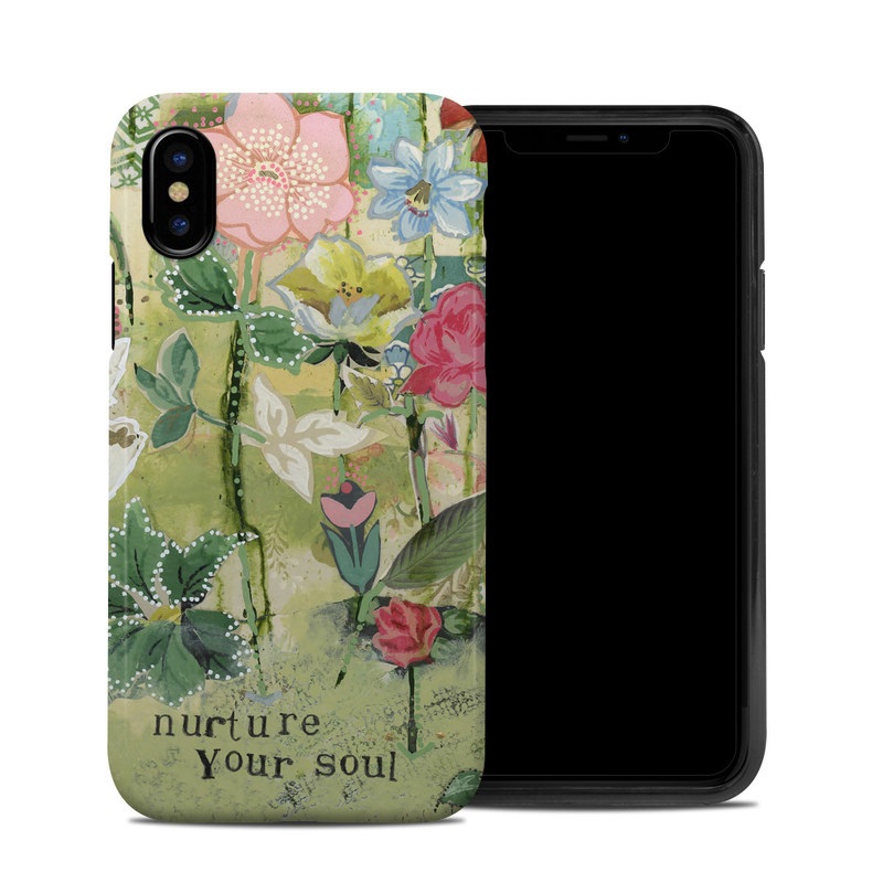 iPhone XS Hybrid Case design of Flower, Plant, Botany, Pink, Wildflower, Flowering plant, Watercolor paint, Petal, Floral design, Pattern with green, pink, red, blue, white, black colors