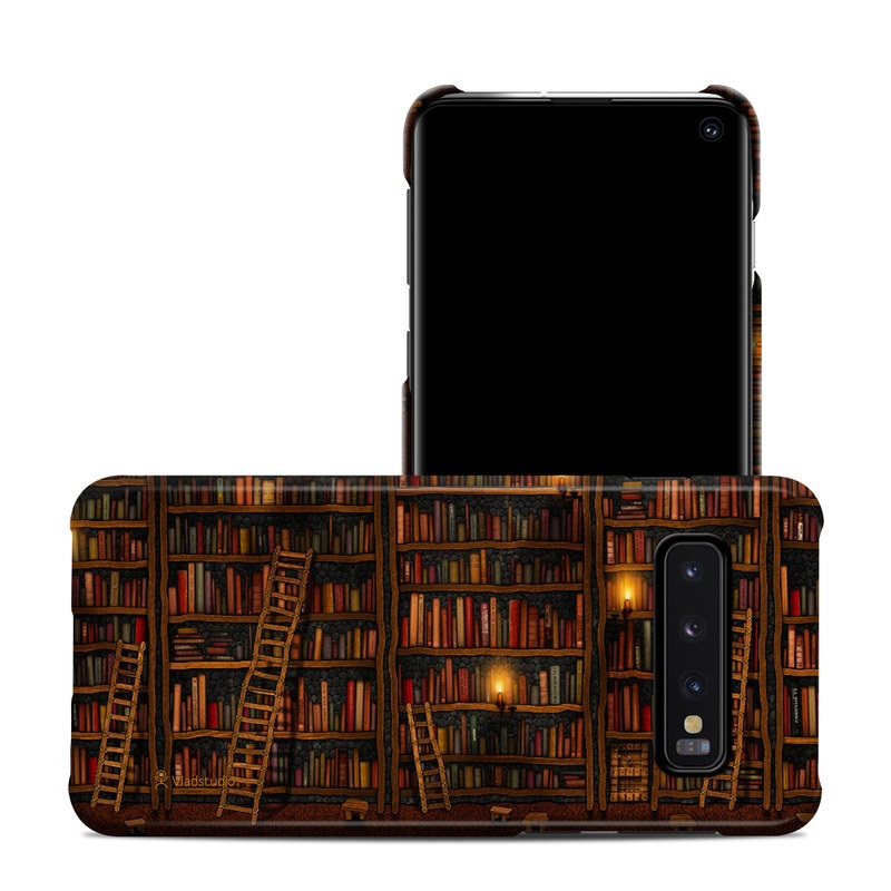 Samsung Galaxy S10 Clip Case design of Shelving, Library, Bookcase, Shelf, Furniture, Book, Building, Publication, Room, Darkness, with black, red colors