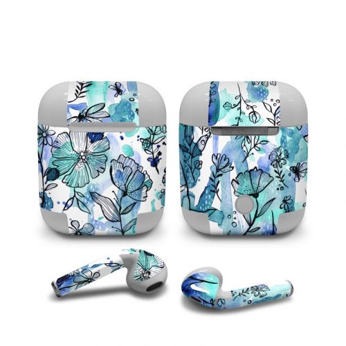 Blue Ink Floral Apple AirPods Skin