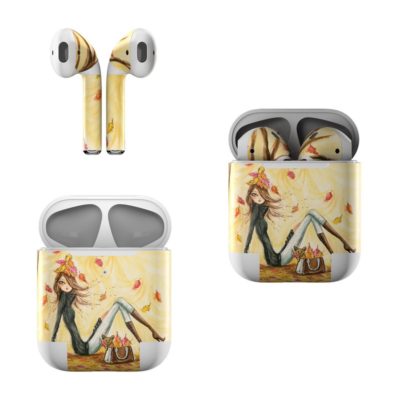 Apple AirPods Skin design of Painting, Watercolor paint, Tree, Art, Illustration, Plant, Modern art, Visual arts, Still life, Fictional character with yellow, red, brown, orange, black, white colors